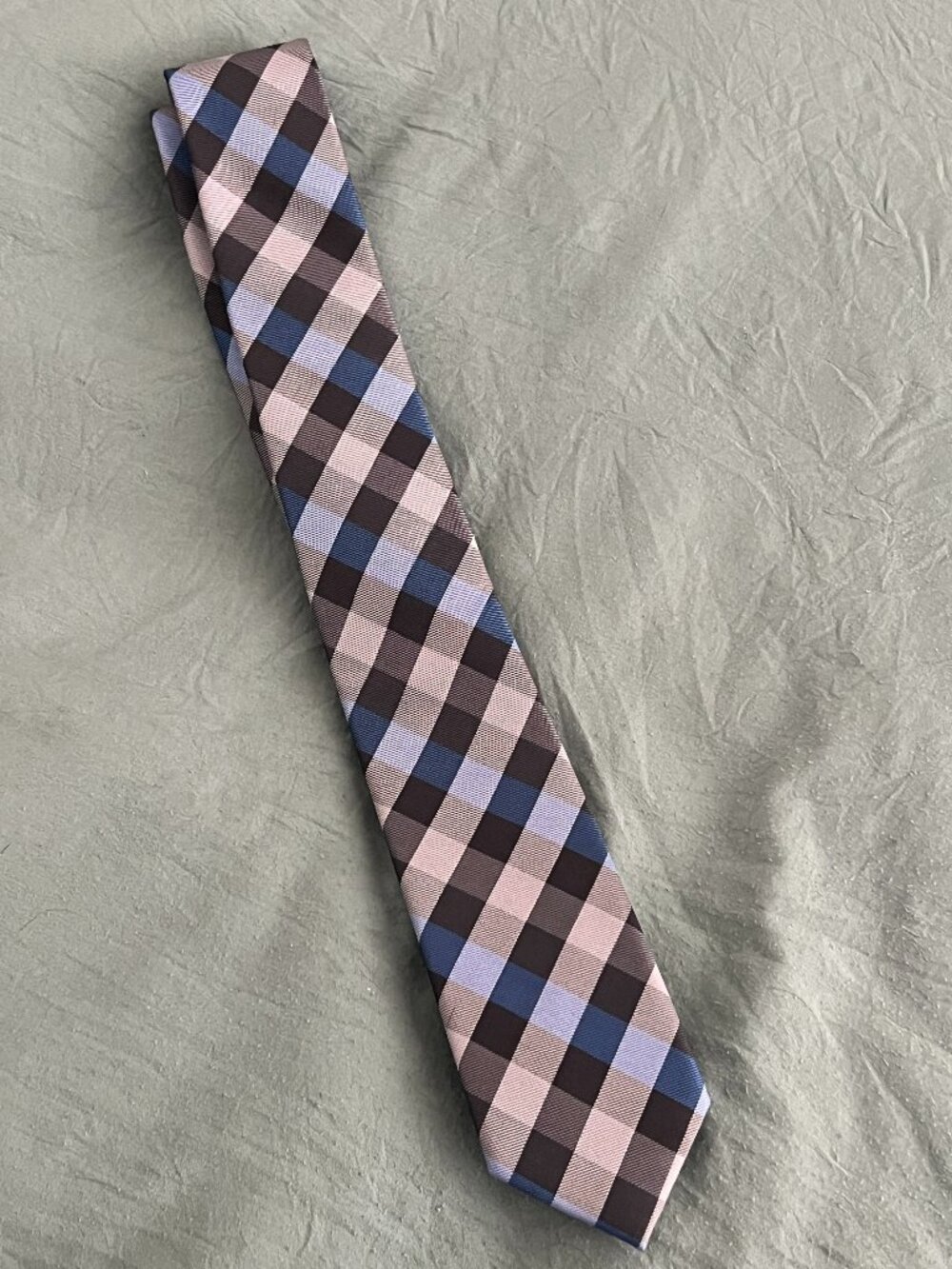 Originties 100% Silk Tie 63” Blue Gray Geometric Check Necktie Modern Classic